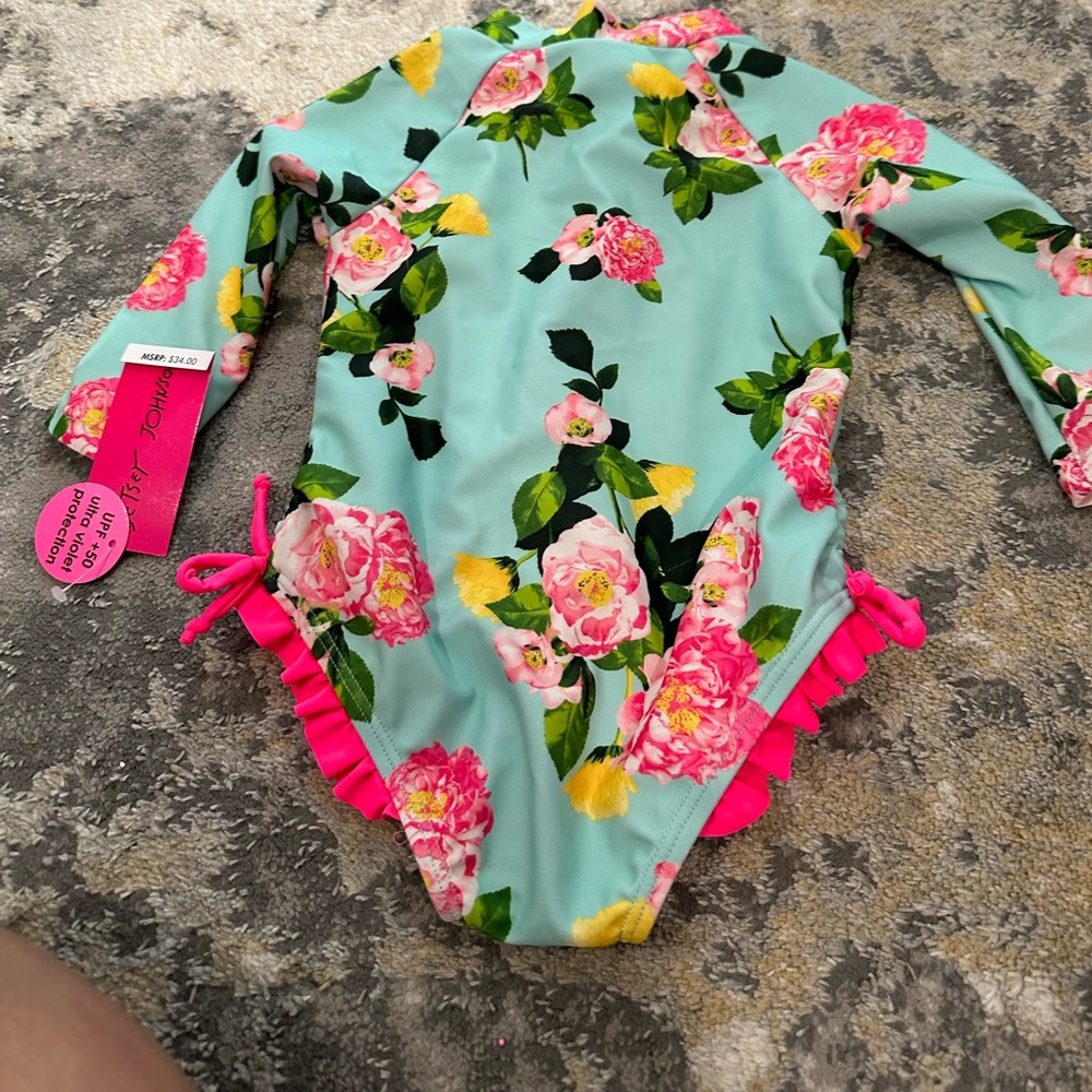 🌹Betsy Johnson Baby Girls floral rash guard one piece swimsuit long sleeve 12M
